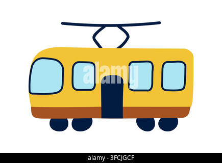Tram yellow. Children Drawing. Isolated on white background public urban ground Transport. Side view. Colored Doodle, scribble. Tram car on four wheel Stock Vector