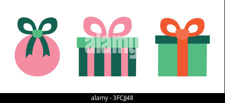 Set of Gifts in Flat style tied with ribbon and Bow. Festive greeting Round and square Box. Greeting Present for holiday, birthday, New Year. Surprise Stock Vector