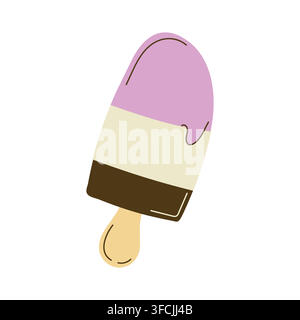 Striped Ice Cream on Stick. Doodle. Cold summer dessert with Layers of different Flavors. Frozen sweet food. Tasty milky sweetness. Flat style. Isolat Stock Vector