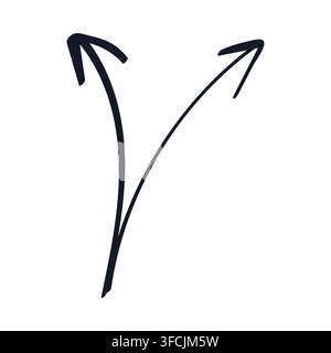 Double Arrow Doodle. Hand drawn outline Lines with left and right arrowheads. Directions, pointer. Diverging Curves written in black ink, marker. Simp Stock Vector
