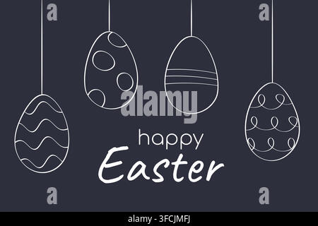 Happy Easter Chalkboard outline patterned hanging Eggs. Hand drawn Chalk Contour on dark background. Doodle card. Holiday element tied with Rope. Circ Stock Vector