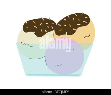 Bowl with Ice Cream scoops drizzled with Chocolate. Cold summer creamy strawberry creme brulee dessert with glaze in Glassware. Isolated dairy sweet f Stock Vector