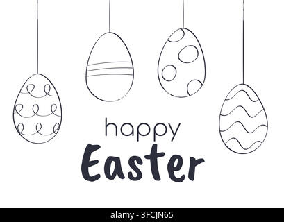 Set outline patterned Eggs on String. Text happy Easter. Hand-drawn pencil Contour. Collection of doodle Hanging holiday elements. Circled, striped, s Stock Vector