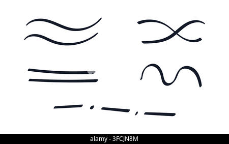Set of Doodle different Lines. Hand drawn contour Waves, Dotted line. Collection of parallel Stripes, Curves in black ink, marker. Crossed lines. Simp Stock Vector