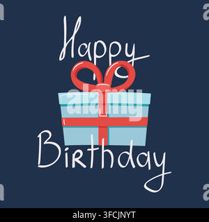 Birthday Gift Card on Dark background. Happy birthday Lettering with cartoon greeting Box wrapped in red ribbon, bow. Text congratulations on holiday, Stock Vector