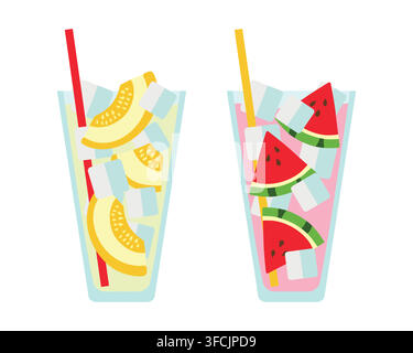 Melon and Watermelon Cocktails, ice cubes. Pieces of Fruit in Glass, straw. Summer cold refreshing Drinks for cafes. Vitamins, healthy eating, benefit Stock Vector