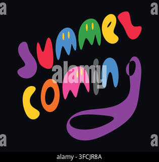 Text Summer Coming with ghost, PacMan shaped letters. Cartoon game. Scribble Funny abstract Lettering. Bright colors on black background. Abstract dec Stock Vector