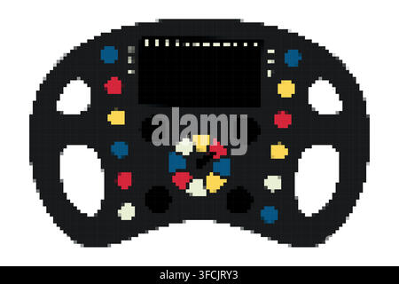Pixel Steering Wheel with buttons, screen of Formula 1 racing car. Control of sports transport in 8-bit style. Retro game. Motorsport element. Isolate Stock Vector