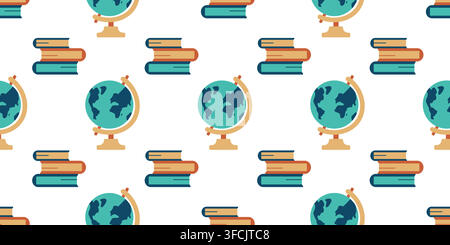 Pattern of stack of Books and Globe in row. School subjects, Geography lesson. Seamless print world map and Textbooks. Wrapping paper, education wallp Stock Vector