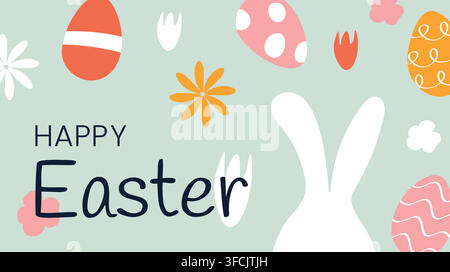 Happy Easter Doodle. Colored Eggs, white Bunny ears and Flowers. Greeting Card with text. Hand drawn spring holiday items. Buds, floral elements. Cong Stock Vector