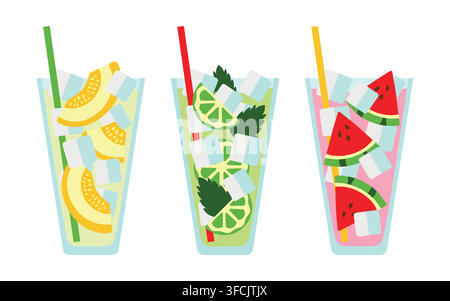 Set Juices with Fruits, Ice cubes - Melon, Watermelon and Lime. Summer cold Drinks in transparent Glass, Straw. Refreshing Drinks. Mojito with Mints. Stock Vector