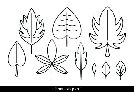 Set of Contour Leaves. Collection of outline symmetrical element of different trees - oak, maple. Coloring Foliage. Nature Icons, plant. Linear organi Stock Vector
