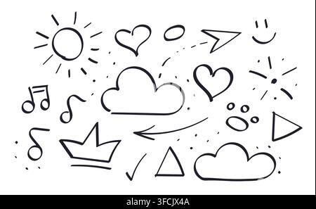 Doodle Set of symbols. Sun, clouds. Heart and crown. Arrows, footprint and Notes. Vector illustration. Hand drawn. Smiling emoticon. Geometric shapes Stock Vector