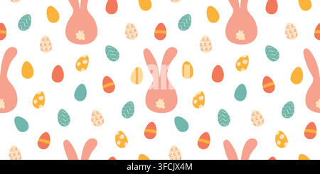 Bunny, Easter Eggs Pattern. Doodle Seamless print for wrapping in Happy Easter. Scattered painted elements of Spring religious Holiday. White backgrou Stock Vector