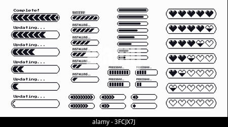 Pixel art loading progress bars set. Retro game various elements with hearts and progress indicators. Isolated clip art on white. Y2K digital system s Stock Vector