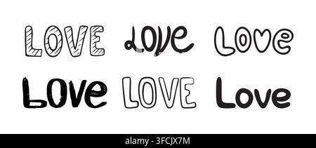 Set of writing Word LOVE in different Bold Handwritten styles. Lettering for design, posters, cards. Artistic, decorative and expressive Text. Romanti Stock Vector