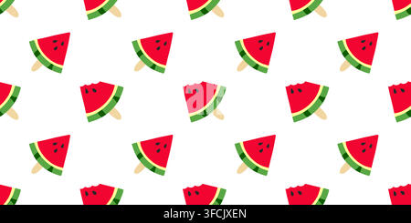 Ice cream Watermelon pattern. Seamless Print of a triangular piece of summer fruit with seeds on a stick. Bite a sweet dessert. Lollipop. Juicy, refre Stock Vector