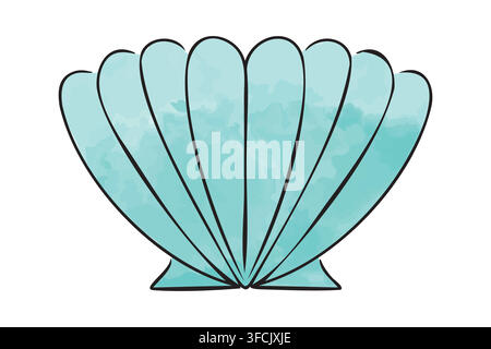 Fan-shaped Seashell Watercolor textured brushstrokes in soft Blue ocean tones with black outline. Elegant Conch. Shell for beach, sea and coastal deco Stock Vector
