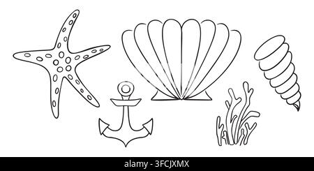 Outline Set of Sea elements - Starfish, Shells, anchor and corals. Mooring, Conch doodle. Collection of ocean Contour pieces for coastal and beach dec Stock Vector