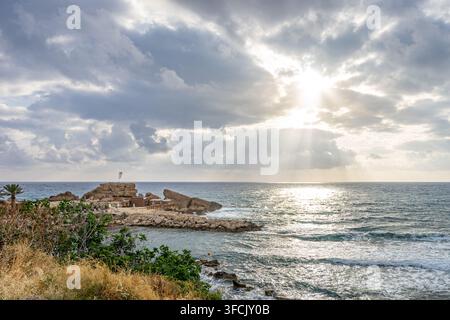 Dramatic sunbeams over the Mediterranean sea in Cyprus Stock Photo