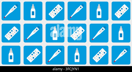 Square Pattern of medicines - packaging of pills, thermometer, nasal drops. Tiles of vitamins, tablets, drugs. Health. Pharmacy, pharmaceuticals. Colo Stock Vector
