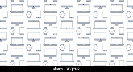 Technology pattern - laptop, monitor, watch, mobile phone. Computer screen, display. Smartphone, cell phone. Seamless Print Techniques. Items arranged Stock Vector