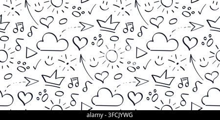 Doodle Pattern Outline funny Symbols weather, arrows and heart. Seamless Print of cheerful Signs - notes, paws. Contour Sun and Cloud. Hand drawn fire Stock Vector