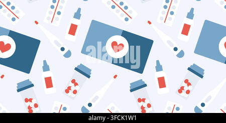 Medicines Pattern - Tablets, Pills, nasal drops. Thermometer. First aid kit, container for medicines with heart. Seamless print Pharmacy, hospital. Co Stock Vector