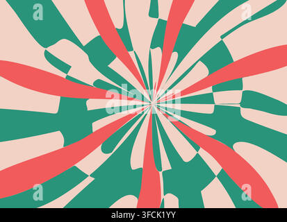 Abstract radial swirl in red green pink with dynamics of movement. Twisting curly stripes. Whirlwind, vortex. Background, wallpaper or holiday decor. Stock Vector