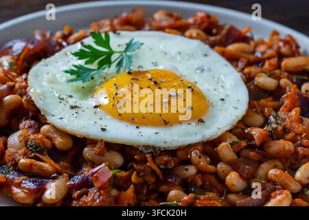 Fried egg on top of baked beans with vegetables, close up. Delicious sunny-side-up fried egg seasoned with black pepper and parsley served over warm r Stock Photo