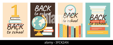 Set Banners Back to school. Gold unit and stack of books. Architectural column, textbooks. Teaching and education. Clock, bookshelf. Globe and encyclo Stock Vector