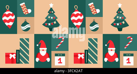 New Year Squared Pattern - Santa Claus, gifts, Christmas tree. Seamless print. Christmas tree toys, calendar date 1, knitted sock. Candy cane. Green, Stock Vector