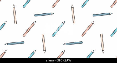 Pattern scattered colored pencils on white background. Seamless symmetrical print of school supplies. Art material. Element of office, Chancery. Crayo Stock Vector