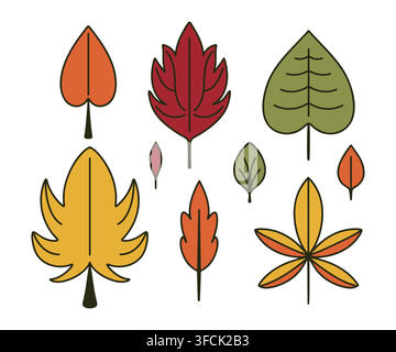 Set of Autumn Leaves. Yellow, red Foliage of different trees - oak, maple, birch. Fall Nature, plant element. Symmetrical botany Collection. Bundle of Stock Vector
