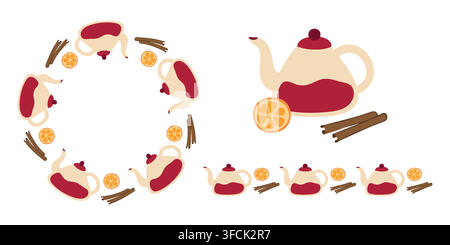 Teapot, Orange, Cinnamon sticks. Seamless brush, wreath or frame. Tea party, round Citrus slice and Spice. Glass Kettle, Tea utensils. Circular orname Stock Vector