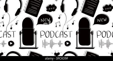 Pattern of black silhouettes of microphone, headphones and voice messages. Musical Notes, news and discussions. Entries in notebook. Seamless print of Stock Vector