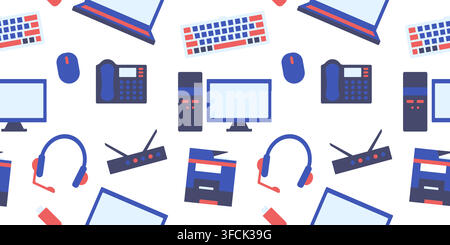 Office Equipment Seamless pattern - peripherals, telephone, multifunction devices. IT Technologies - computers, laptops, monitor. Headphones with micr Stock Vector