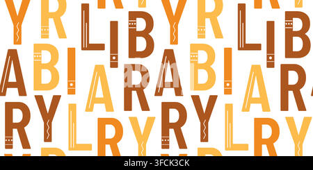 Pattern with word Library. Letters with patterns, like hardcover books. Seamless print in English language on white background. Composing text. Educat Stock Vector