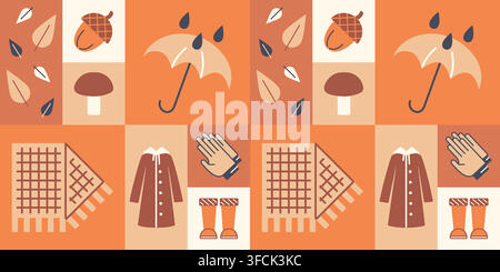 Autumn elements Square murals pattern. Falling Leaves, acorn, mushroom. Rain falls on umbrella. Waterproof clothing - rubber boots, raincoat, gloves a Stock Vector