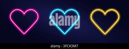 Set of neon Hearts - blue, pink, yellow. Illuminated symbol of Love on dark background. Multi-colored highlighting of border element. Glow Cupid. Vale Stock Vector