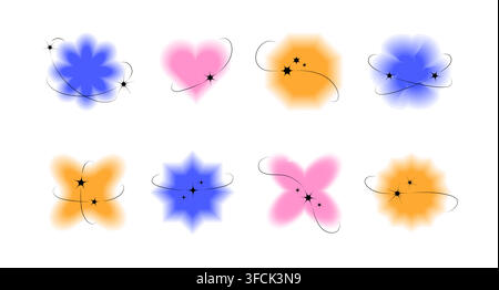 Set Blur gradient Elements with stroke, black Stars. Collection of colored abstract symmetrical Shapes with outlining line and sparkles. Heart, flower Stock Vector