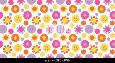 Doodle pattern of Flowers, Smiles. Positive seamless print for kids. Wild flowers, buds, botany. Emotion, hippie. Happy Spring, summer. Bright colors Stock Vector