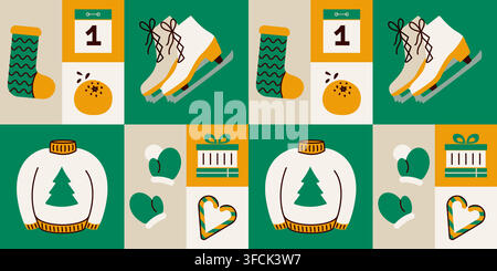 Winter squared holiday pattern, joy and fun. Snowballs, skating, giving gifts. Knitted sock, sweater and mittens. Striped candy cane, tangerine. Green Stock Vector
