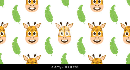 Pattern smiling Giraffes Head and Palm leaf. Repeating seamless print with Laughing face of spotted African Animal and Tropical nature, Foliage. Carto Stock Vector