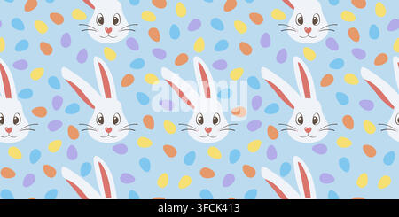 Easter Pattern of white rabbit muzzle and colored eggs. Seamless spring holiday print with hare face and colored spots. Head of domestic or forest ani Stock Vector