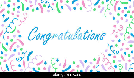 Congratulations in Confetti Frame. Explosion party poppers. Surprise fireworks. Swirls, Crackers and serpentine Ribbons. Festive banner place for text Stock Vector