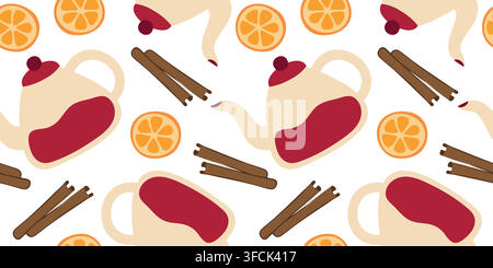 Teapot, Orange, Cinnamon sticks. Seamless Pattern, background. Tea party, round citrus slice and spice. Glass Kettle, Tea or coffee utensils. Kitchen Stock Vector