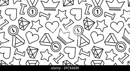 Pattern with Leadership symbols - First, medal, crown. Seamless Print with outline icons of heart, star and diamond. Background for Best, champion, Wi Stock Vector