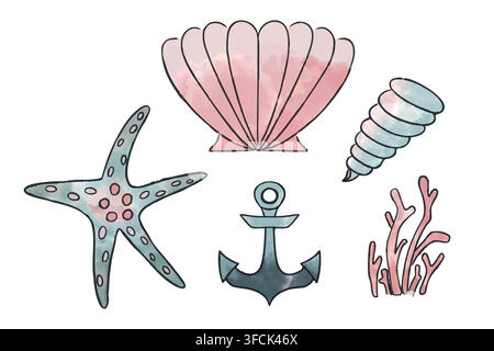 Watercolor Set of Sea elements: Starfish, Shells, coral and Anchor. Marine life in soft dark pastel colors with outline. Ocean nature. Summer, beach, Stock Vector