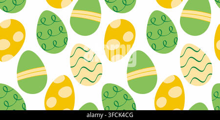 Easter pattern of colored eggs. Seamless print of patterned holiday food on a white background. Fun, spring and bright backdrop. Color image - green a Stock Vector